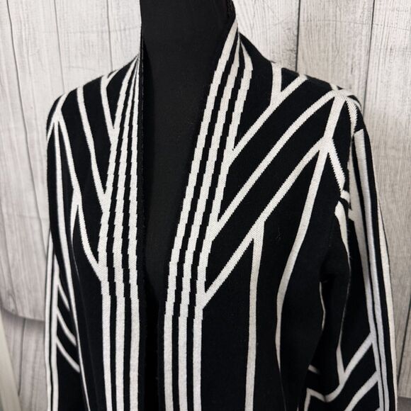 Sioni Womens Medium Black/White Knit Color Block Open Front Soft Long Cardigan - Picture 2 of 6